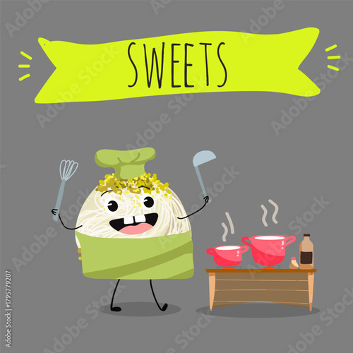 Funny Characters Turkish Halva confection, cubes with pistachio nut, layered chocolate tahini oriental dessert, hand drawn vector illustration.