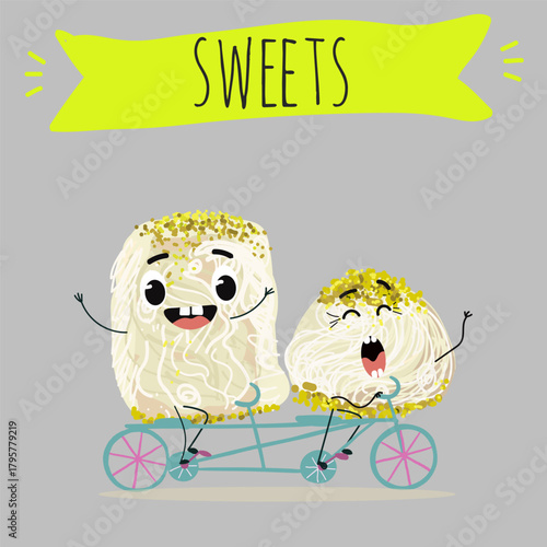 Funny Characters Turkish Halva confection, cubes with pistachio nut, layered chocolate tahini oriental dessert, hand drawn vector illustration.