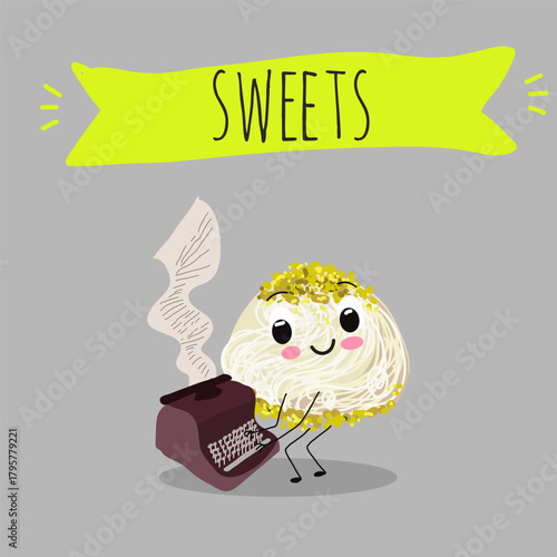 Funny Characters Turkish Halva confection, cubes with pistachio nut, layered chocolate tahini oriental dessert, hand drawn vector illustration.