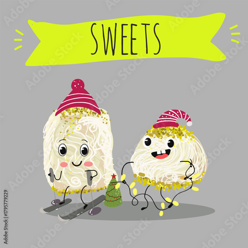 Funny Characters Turkish Halva confection, cubes with pistachio nut, layered chocolate tahini oriental dessert, hand drawn vector illustration.