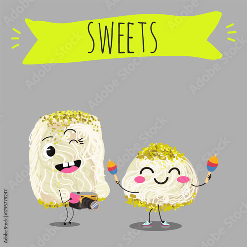 Funny Characters Turkish Halva confection, cubes with pistachio nut, layered chocolate tahini oriental dessert, hand drawn vector illustration.