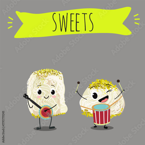 Funny Characters Turkish Halva confection, cubes with pistachio nut, layered chocolate tahini oriental dessert, hand drawn vector illustration.