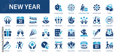 New year flat icons collection. Celebration, snow, 31 December, party, star, Santa Claus, christmas tree, celebrate, gift box sign set.