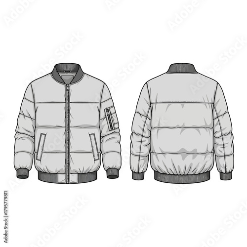 Front and back view of a light grey puffer bomber jacket with a zipper closure and ribbed cuffs and collar, isolated on a