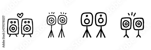Speakers And Sound Waves Line Icon Set In Doodle Style. Audio Equipment, Music, And Sound System Outline Sketch Collection. Hand Drawn Isolated Vector Illustration