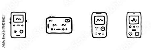 Medical Device Line Icon Set In Doodle Style. Health Monitoring, Heart Rate Tracking, And Portable Medical Equipment Outline Sketch Collection. Hand Drawn Isolated Vector Illustration