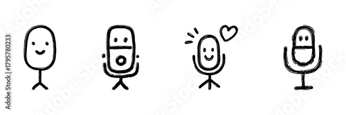 Microphone Character Line Icon Set In Doodle Style. Audio Recording, Podcasting, And Voice Communication Outline Sketch. Expressive Faces And Emotions. Hand Drawn Isolated Vector Illustration
