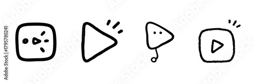 Play Button Icons Line Set In Doodle Style. Multimedia Playback, Video Streaming, And Digital Media Control Outline Sketch Collection. Hand Drawn Isolated Vector Illustration