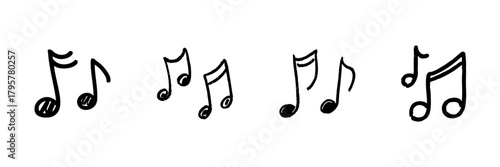 Musical Notes Line Icon Set In Doodle Style. Melody, Rhythm, And Sound Representation Outline Sketch Collection. Music Symbolism And Creativity. Hand Drawn Isolated Vector Illustration