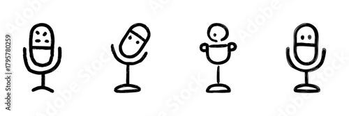 Microphone Line Icon Set In Doodle Style. Audio Recording, Podcasting, And Broadcasting Equipment Outline Sketch Collection. Hand Drawn Isolated Vector Illustration
