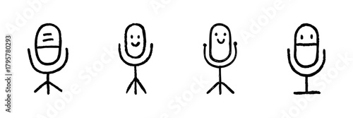 Microphone Characters Line Icon Set In Doodle Style. Audio Recording, Podcasting, And Broadcasting Outline Sketch Collection. Creative Communication Symbols. Hand Drawn Isolated Vector Illustration
