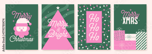 Set of modern Christmas cards in pink and green colors with Santa, tree, gifts and festive quotes. Vector illustration