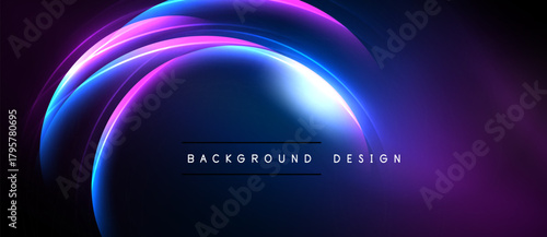 Abstract neon layers create dynamic curved shapes. Vivid blue, purple hues dominate dark background. Modern design element.