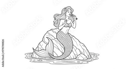 Mermaid singing on rock microphone water
