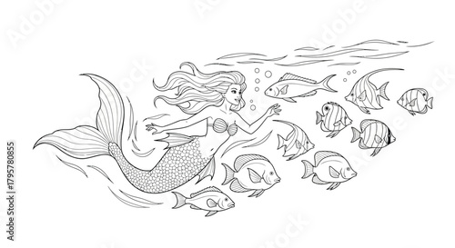 Mermaid swimming with school of fish ocean water
