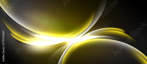Abstract design features flowing yellow shapes against dark background. Bright central glow creates dynamic visual impact. Smooth curves suggest movement.