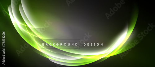 Abstract green light waves form elegant background. Smooth curves create dynamic visual effect. Dark space surrounds bright design elements.
