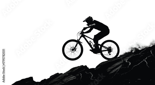 Mountain biker airborne over rocks downhill
