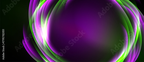 Abstract vibrant layers, purple center, green edges. Smooth gradients create flowing, luminous effect. Dark background emphasizes bright shapes.