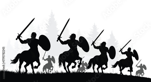 Mythical warriors charging through forest centaur sword