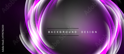 Abstract purple waves create dynamic background. Concentric circles radiate light, forming elegant design element. Modern, vibrant composition.