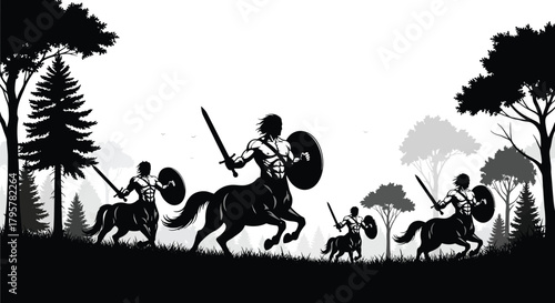Mythical warriors in forest centaur sword