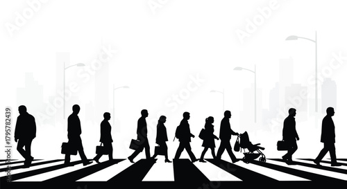 Pedestrians crossing city street silhouettes