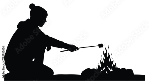 Person roasting marshmallow over campfire vector