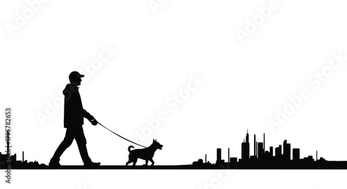 Person walking dog against city skyline leash