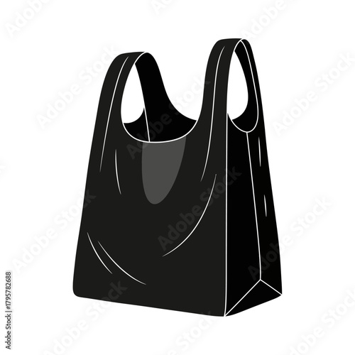 A simple black plastic shopping bag with handles, depicted in a clean illustration against a, symbolizing commerce, retail, and everyday use