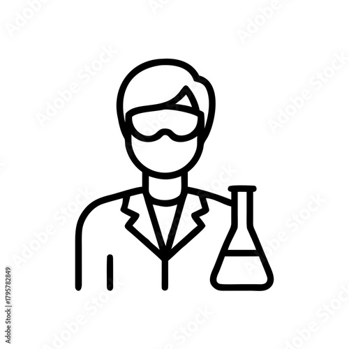 Scientist holding a flask in laboratory with safety glasses, minimalist style, copy space