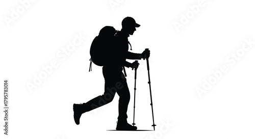 Silhouette hiker trekking with poles backpack