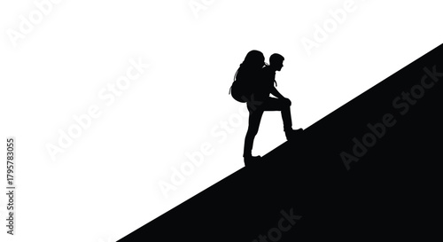 Silhouette person climbing steep incline vector