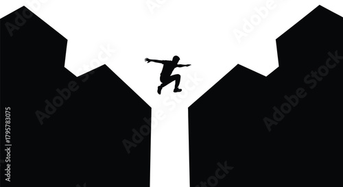 Silhouette person leaping across gap jumping