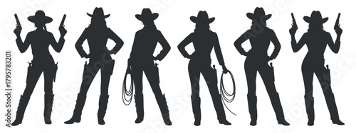 Set of female cowgirl silhouette poses with guns