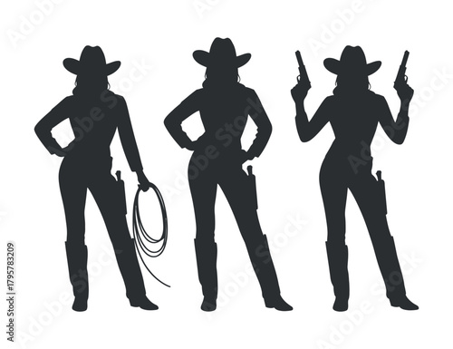 Cowgirl silhouettes with lasso and gun on transparent background