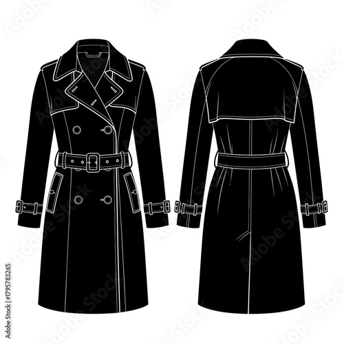 A classic doublebreasted trench coat, shown from both front and back views, featuring a belted waist and iconic design details, presented as a black and white fashion illustration