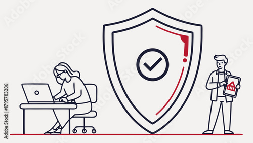Illustration showing a woman working on a laptop next to a shield and a man holding a tablet