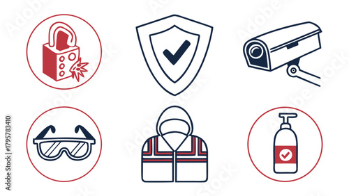 Depiction of safety and security icons including a lock, shield, camera, glasses and more items