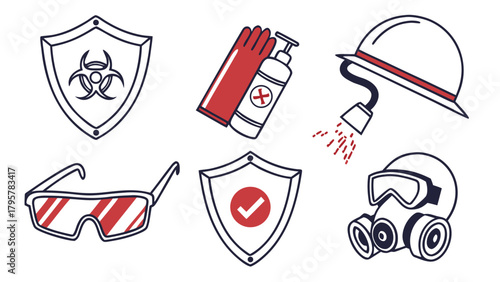 Illustration showcasing various safety equipment including a shield, gloves, and a gas mask