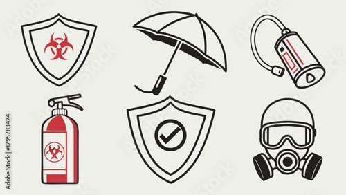 Illustration of safety and protection equipment including gas mask umbrella and biohazard shield