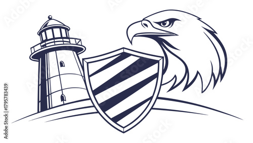 Lighthouse and eagle head with shield emblem in black and white vector illustration