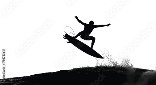 Surfer airborne over dark ocean wave surfing water
