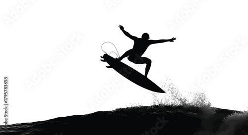Surfer airborne over dark ocean wave surfing water