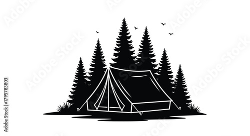 Tent among pine trees and birds camping forest