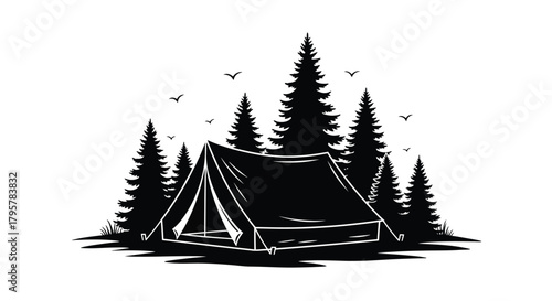 Tent among pine trees and birds camping forest