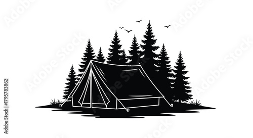 Tent among pine trees and birds camping forest
