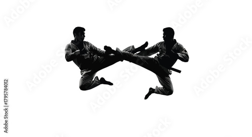 Two martial artists performing aerial kicks arts combat