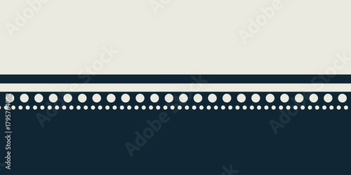 An abstract design featuring a white top section a dark blue bottom and a line of circles between them