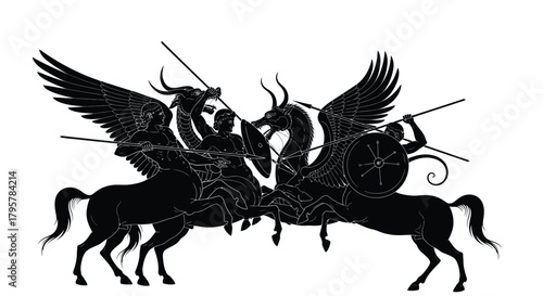 Winged beasts warriors combat battle horse